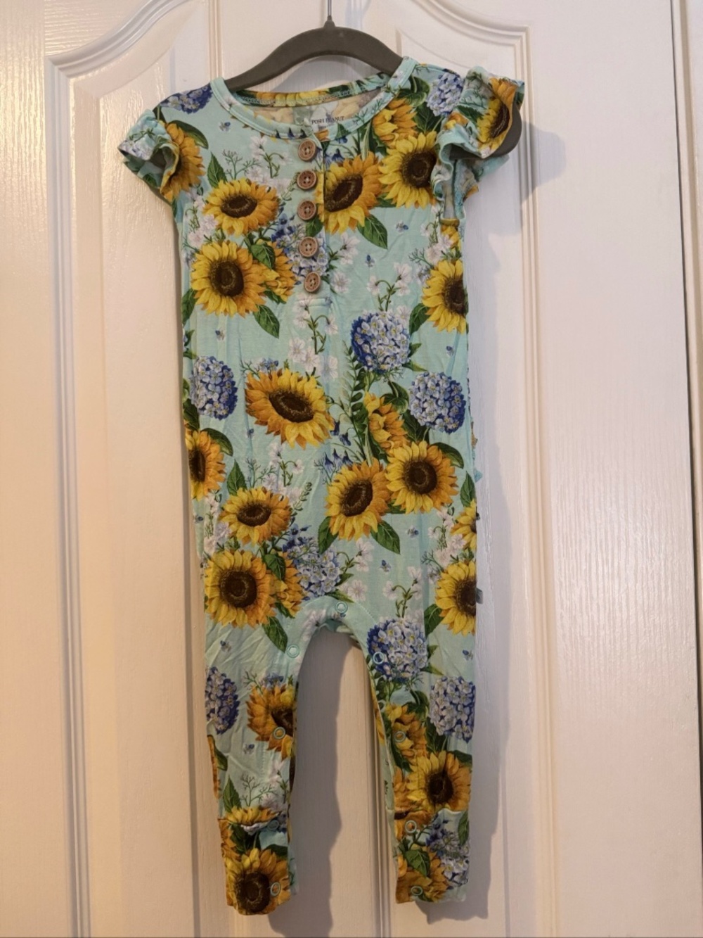 Posh Peanut Sunflower Hydrangea Ruffled Romper 18/24